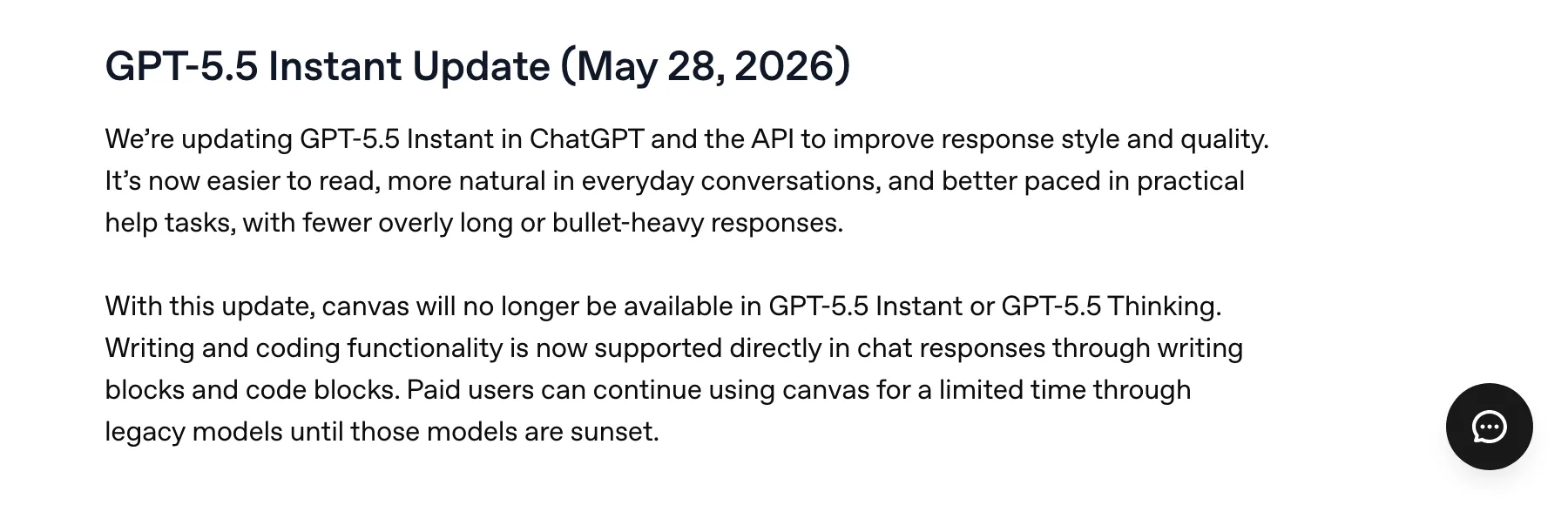 OpenAI ヘルプセンター「Model Release Notes」GPT-5.5 Instant Update（2026年5月28日）の項