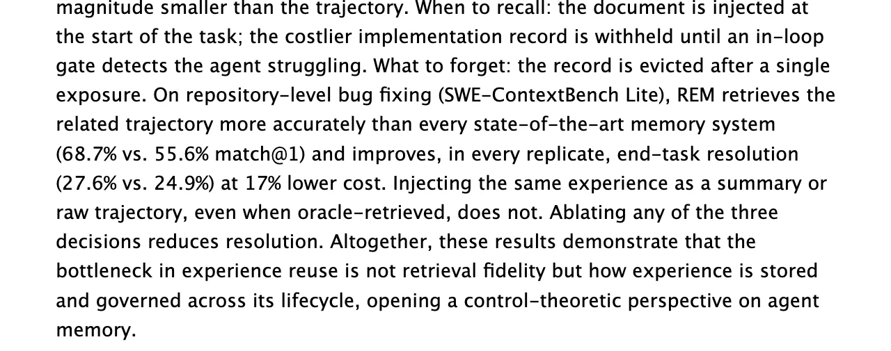 arXiv「REM: What to Store, When to Recall, What to Forget in Experience Memory for Coding Agents」（2026年10月19日）の要旨