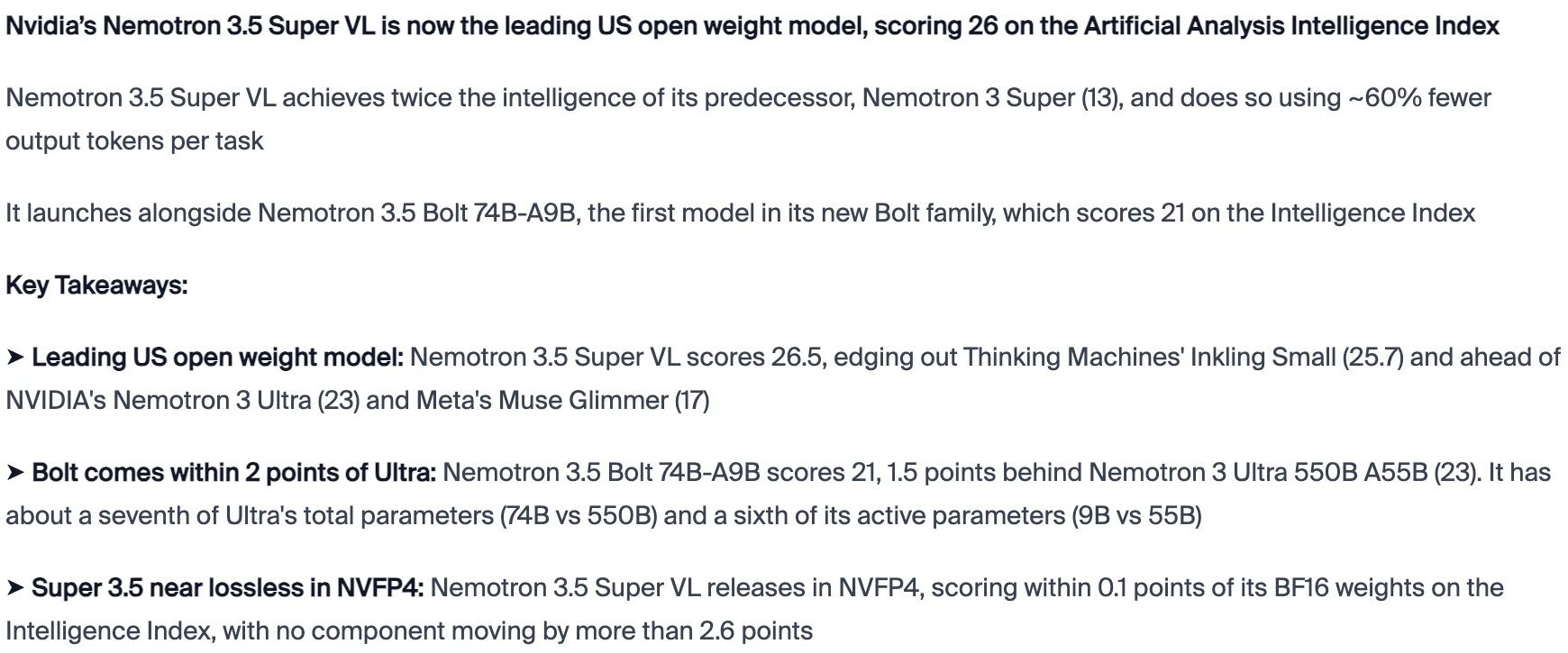 Artificial Analysis「NVIDIA Releases Nemotron 3.5 Super and Nemotron 3.5 Bolt」（2026年10月15日）