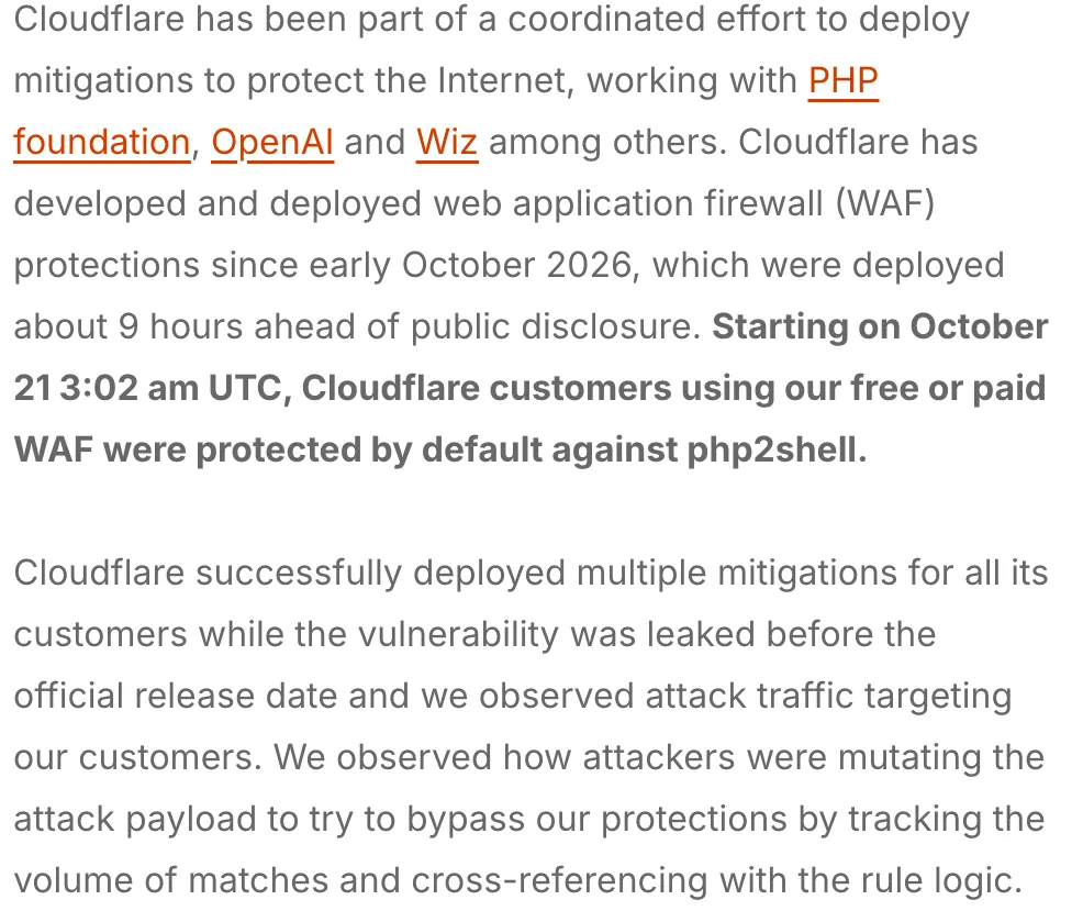 Cloudflare Blog「Cloudflare deploys protections against php2shell vulnerability」（2026年10月21日）
