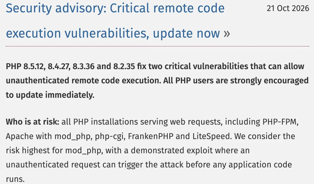 PHP.net「Security advisory: Critical remote code execution vulnerabilities, update now」（2026年10月21日）
