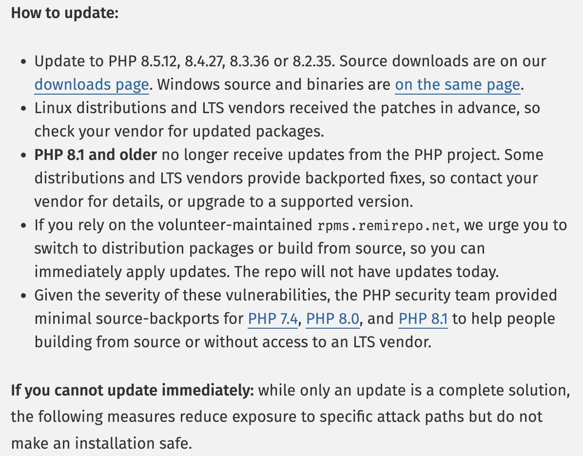 PHP.net「Security advisory…」（2026年10月21日）の「How to update」