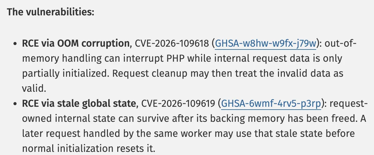 PHP.net「Security advisory: Critical remote code execution vulnerabilities, update now」（2026年10月21日）