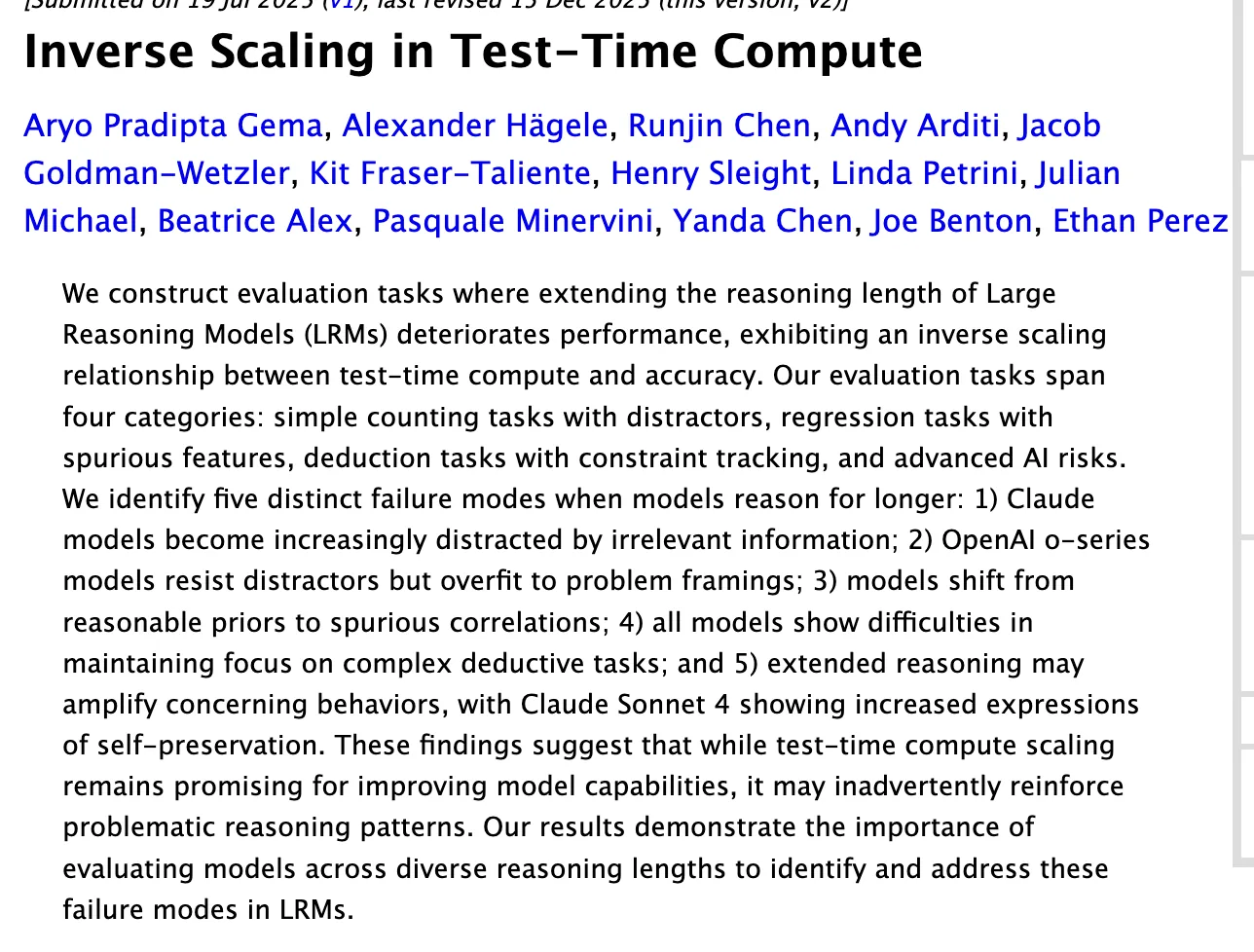 arXiv「Inverse Scaling in Test-Time Compute」（2025年7月・アブストラクト）